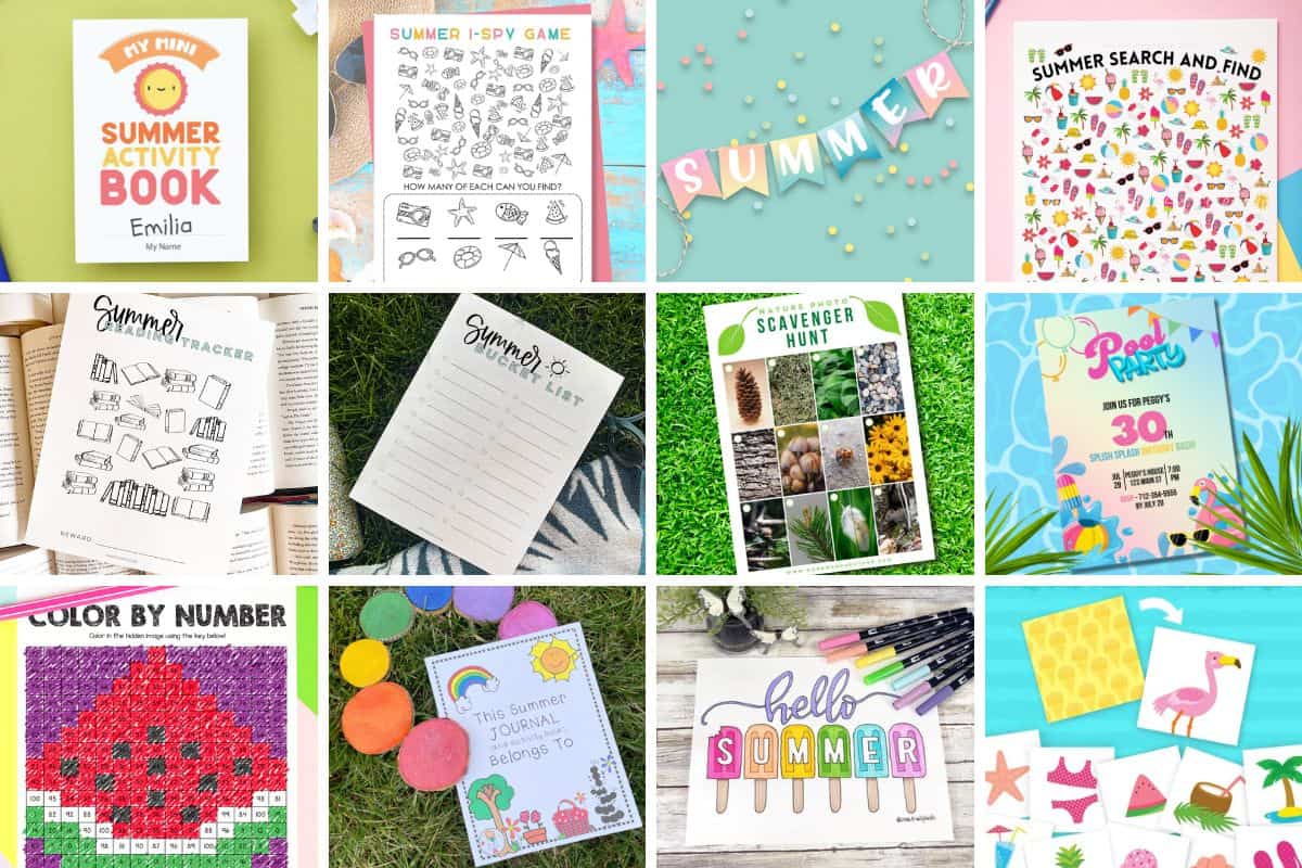 Collage image with 12 summer printables.