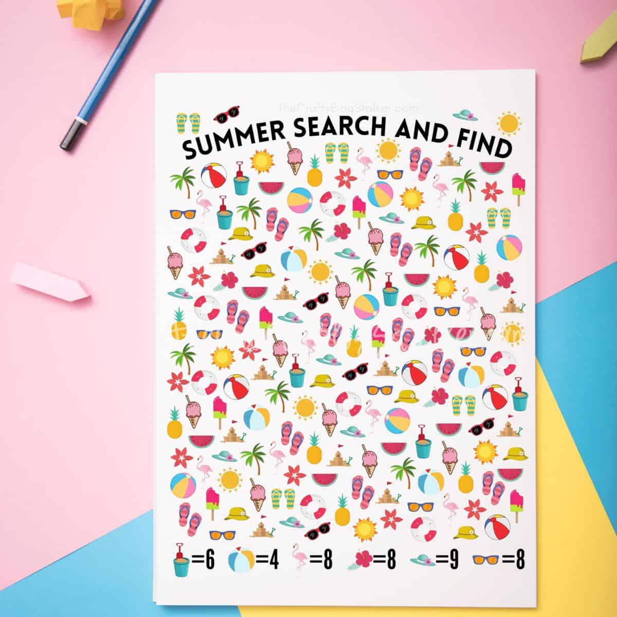 Summer search and find printable on a pink background.