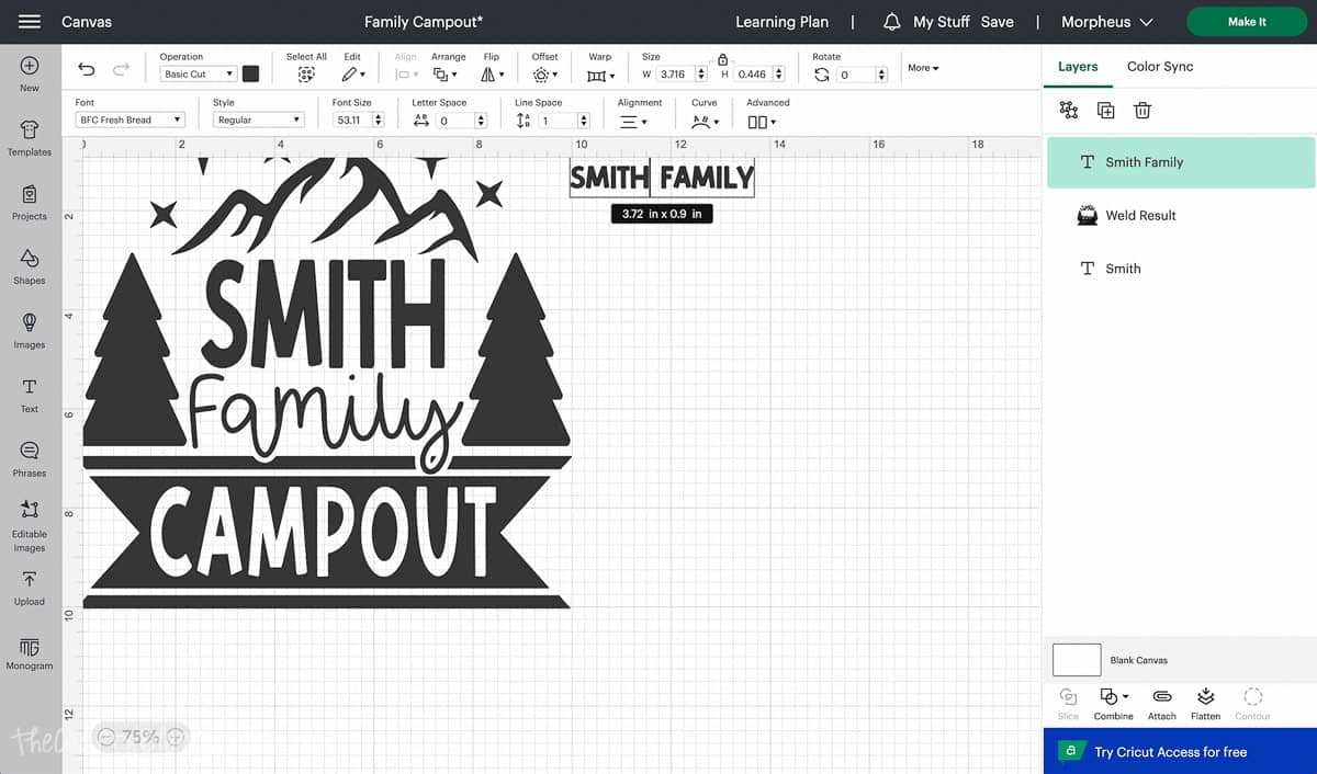 Screenshot of Cricut Design Space with the last name in the design changed to Smith.