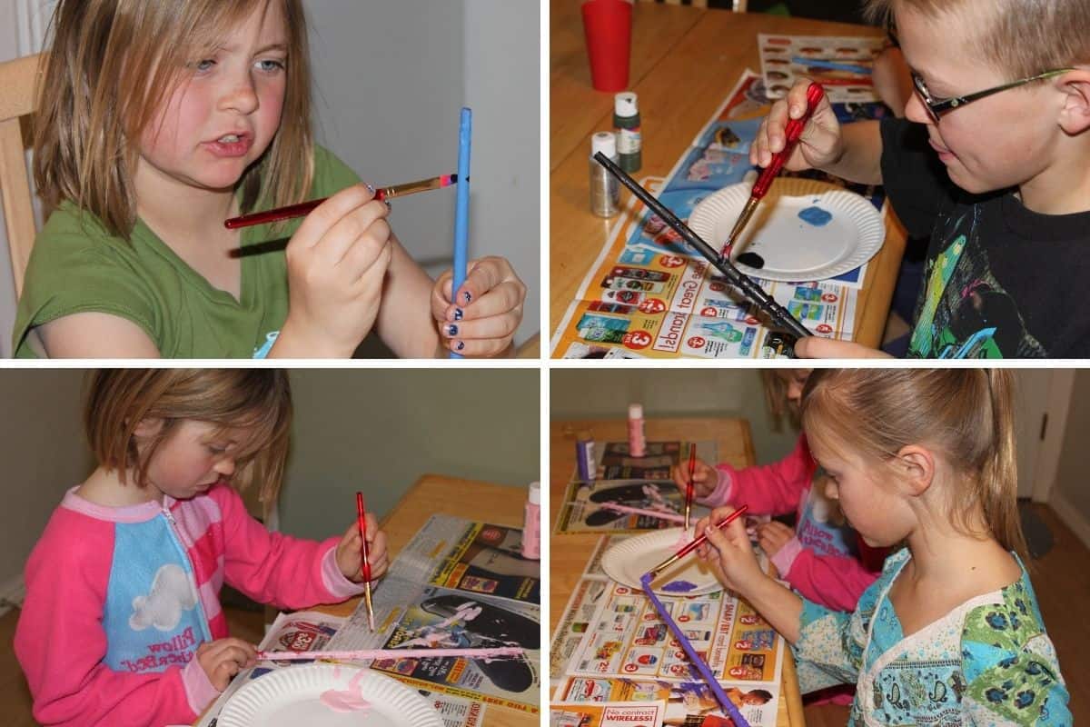 Collage image with 4 kids painting magic wands.