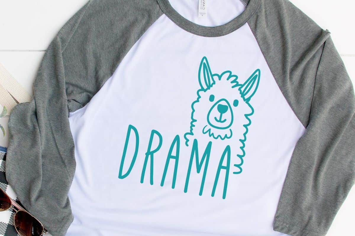White and gray raglan shirt featuring a teal illustration of a llama with the word "DRAMA" in bold, playful lettering, laid flat with accessories beside it.