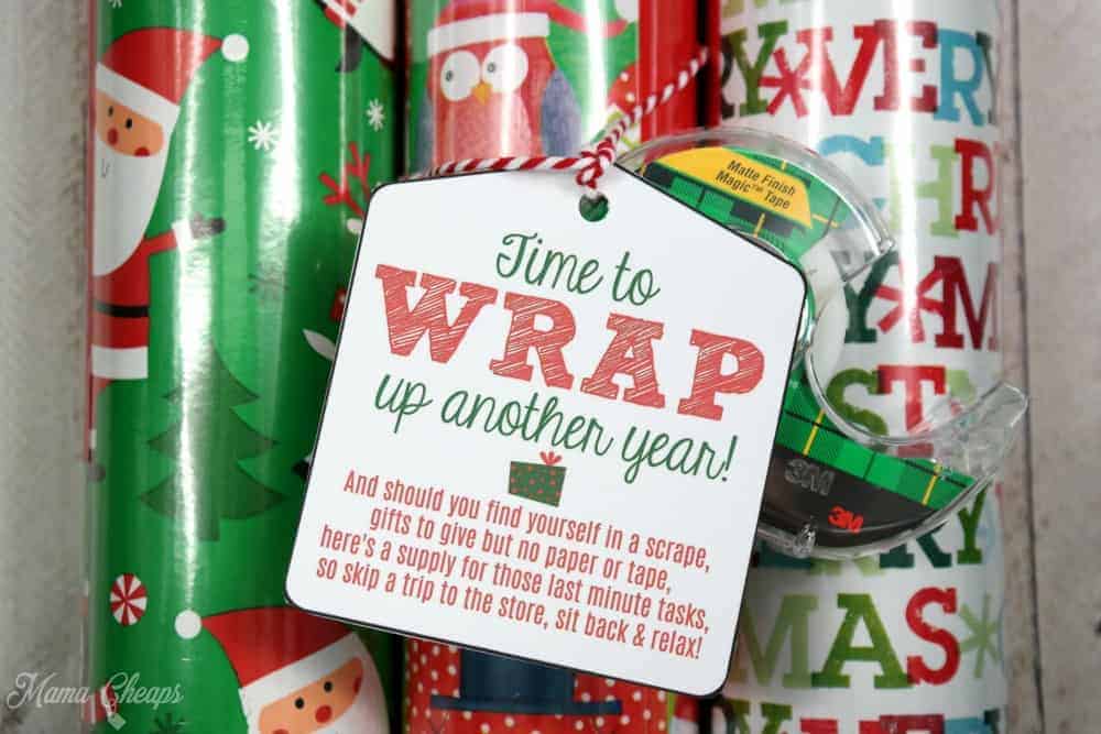 Wrapping paper with a roll of tape and a cute tag to make a neighbor gift.