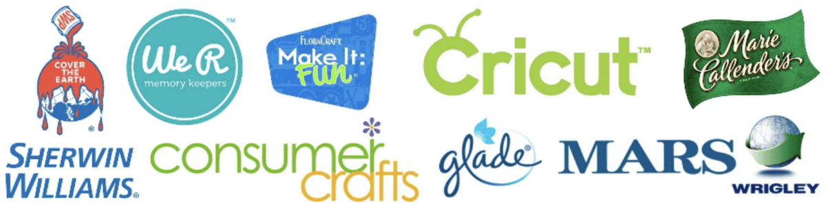 Brands that TCBS has worked with; Cricut, Glad, Sherwin Williams, Marie Calendars, Digorno, Mars, and Wrigley.