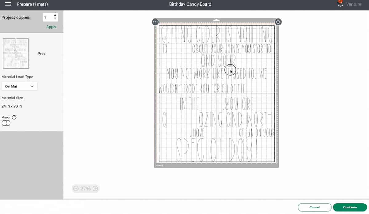 Screen shot of Cricut Design Space, centering the design on the mat preview.