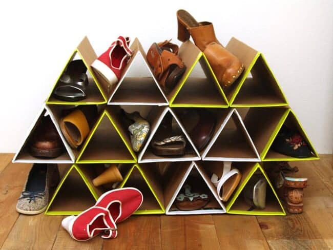 DIY shoe organizer made with cardboard.