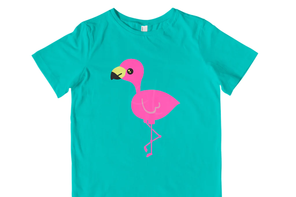 A turquoise shirt with a pink flamingo on the front.