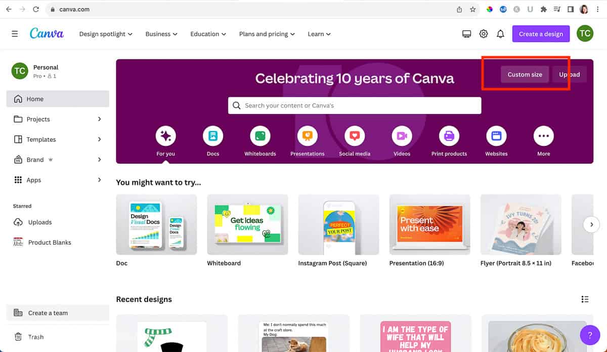 Screenshot of canva.com selecting Custom Size.