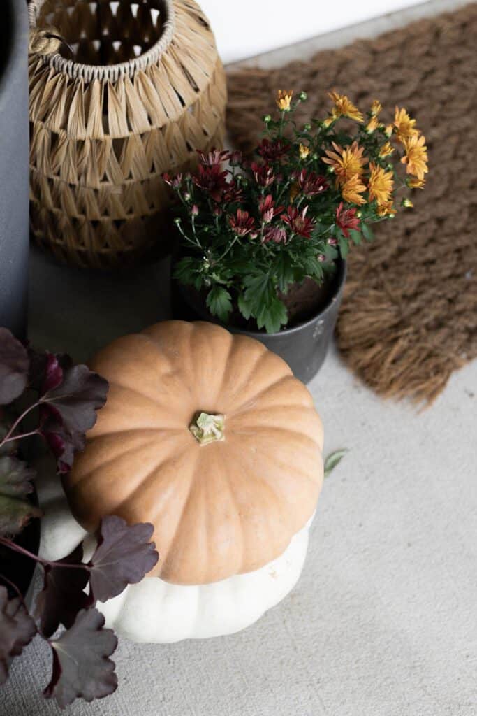 Autumn porch decor with pumpkins, flowers, and woven basket for fall.