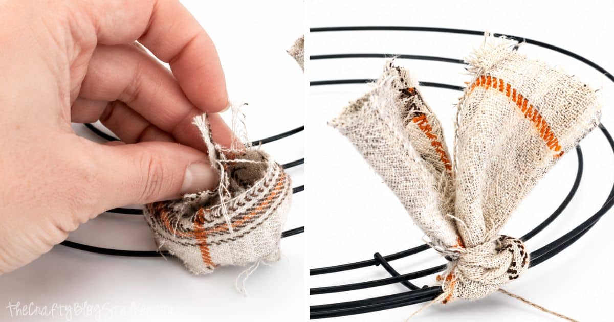 Step-by-step collage showing plaid fabric strips being tied onto a black wire wreath form to create a DIY fabric wreath.
