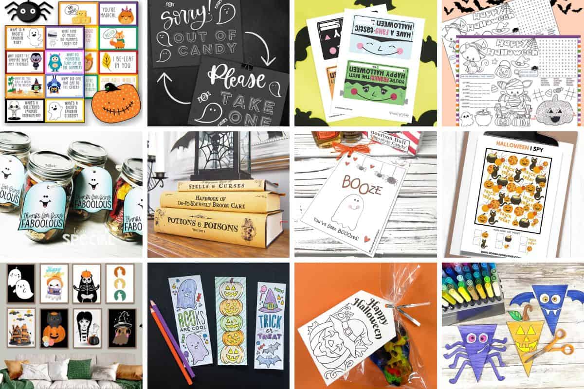Collage image with 12 halloween printables.