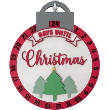 Round wooden Christmas countdown ornament with a numbered day wheel, layered evergreen trees, and a sliding Days Until Christmas display.
