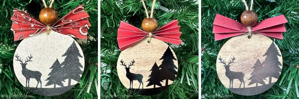 3 sublimated ornaments hanging on a tree.