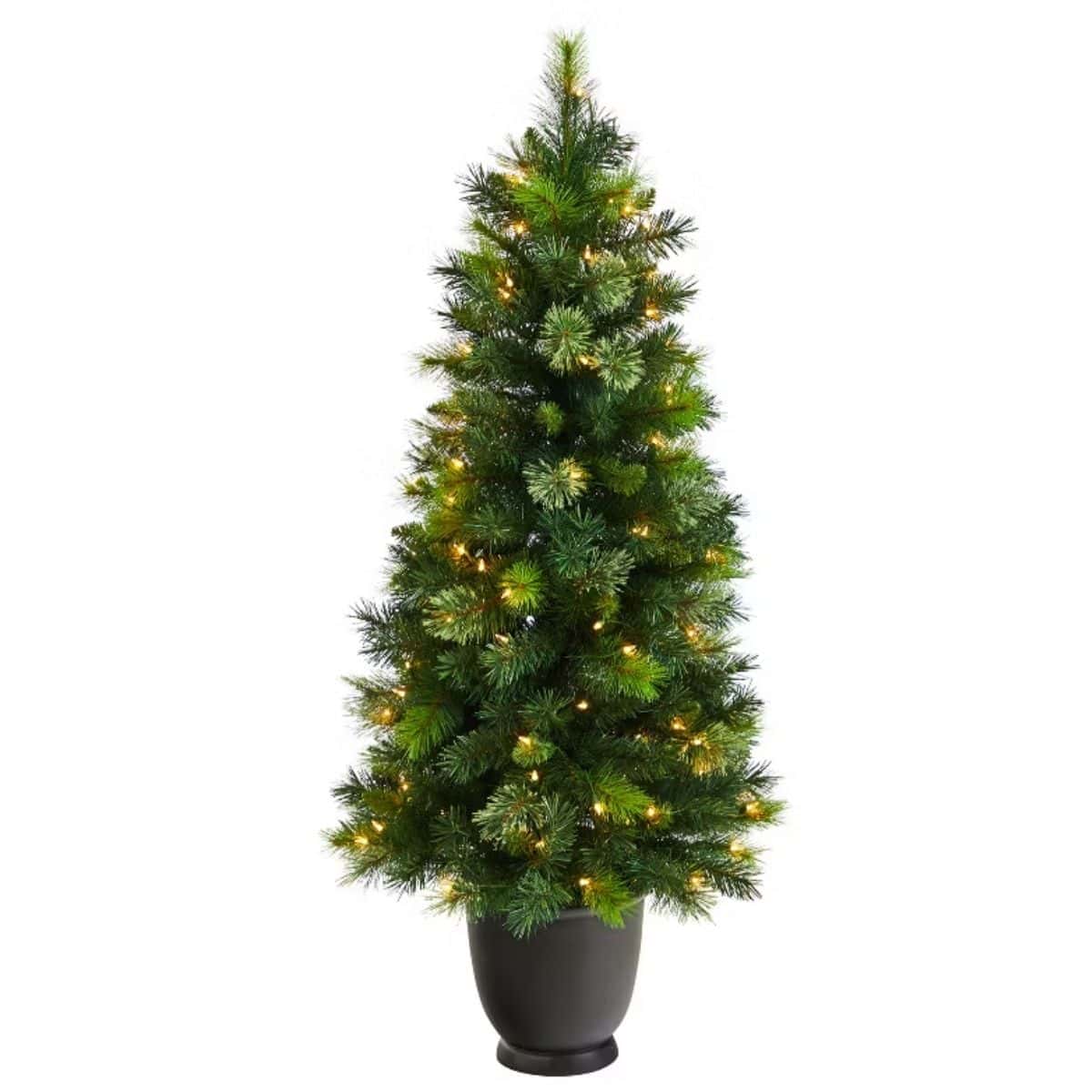 Artificial pine Christmas tree with warm white lights, displayed in a black decorative planter pot against a white background.