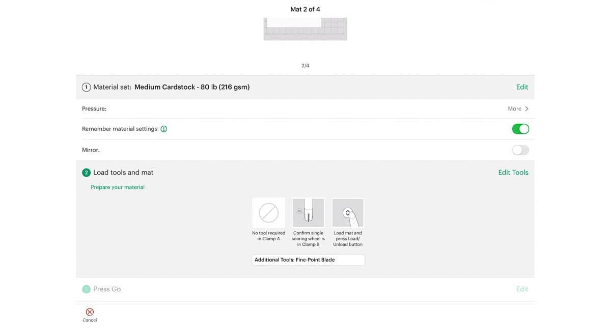 Cricut Design Space cut settings for medium cardstock with a scoring wheel in Clamp B and a fine-point blade listed as an additional tool.
