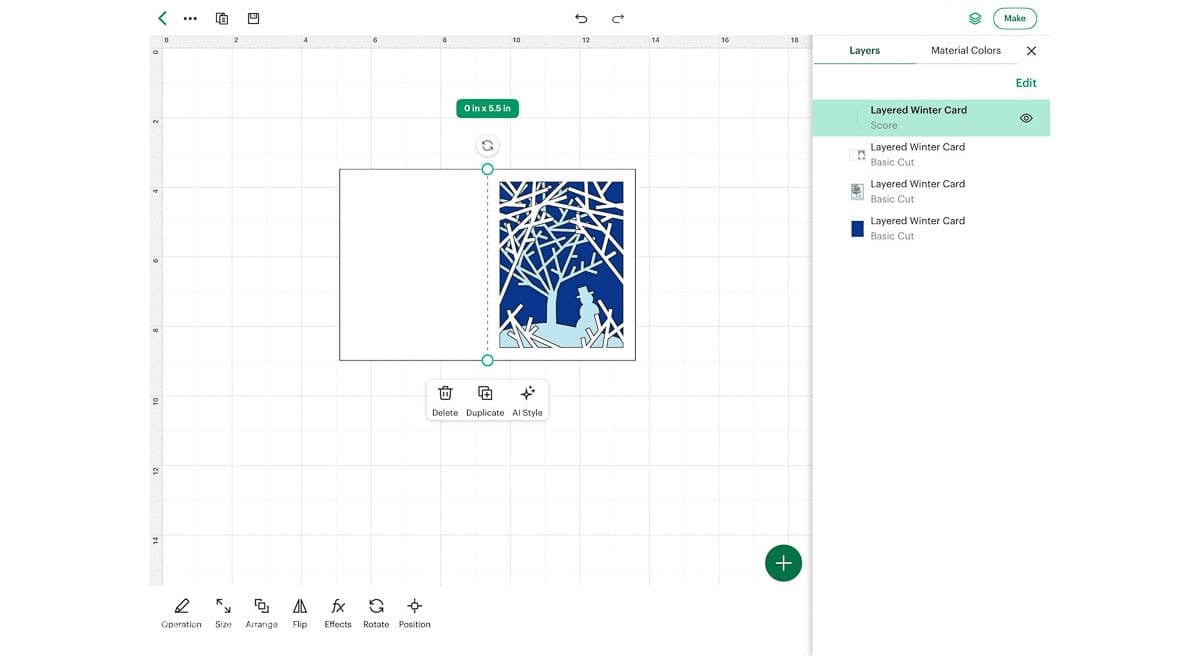 Cricut Design Space canvas displaying a layered winter Christmas card with a selected center score line and the Layers panel open.