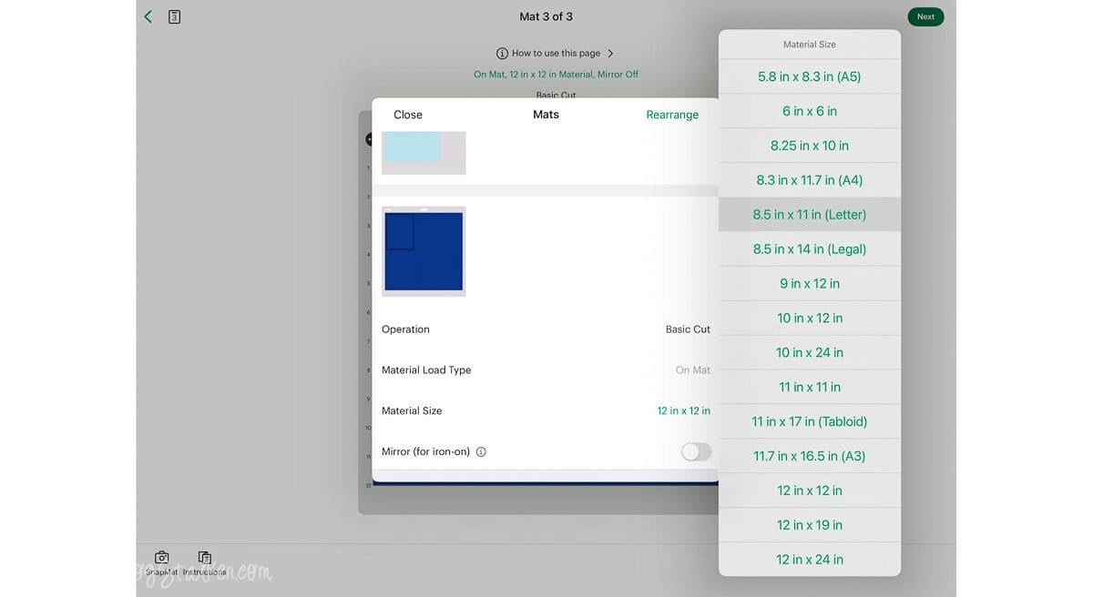 Cricut Design Space material size menu open with 8.5 x 11 inch letter paper selected for cutting a layered Christmas card.
