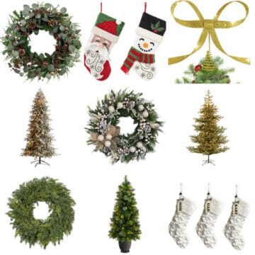 Collage of Christmas decor including wreaths, trees, stockings, and a gold bow tree topper, all displayed on a white background.