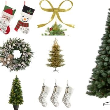 Collage of Christmas home decor items including wreaths, stockings, artificial trees, and a gold bow tree topper arranged on a white background.