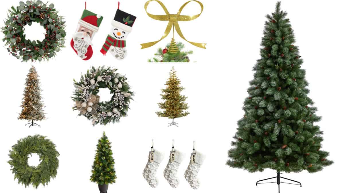Collage of Christmas home decor items including wreaths, stockings, artificial trees, and a gold bow tree topper arranged on a white background.