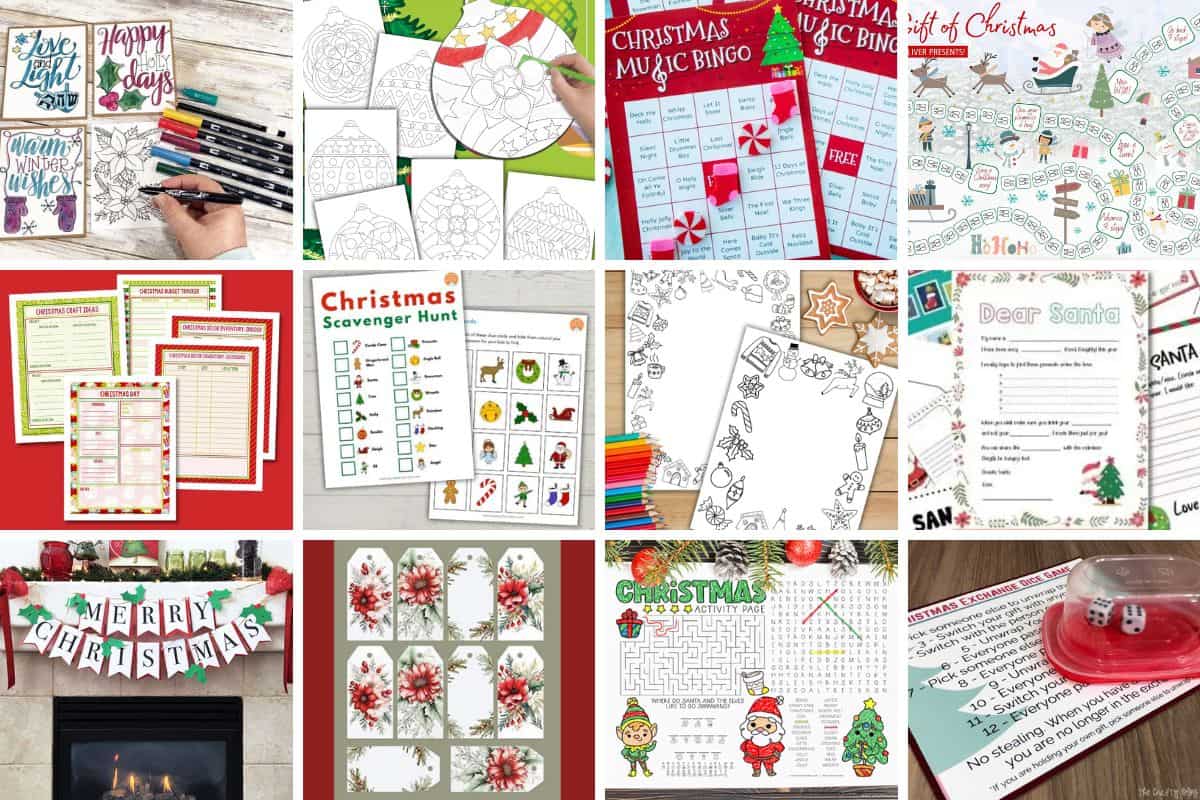 Collage with 12 Christmas Printable Activities.