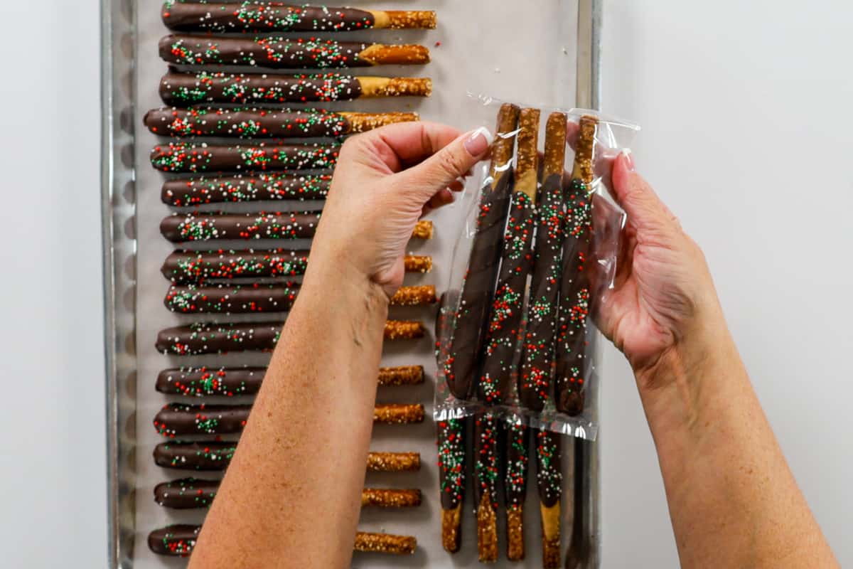 Packaged Chocolate covered pretzel rods.