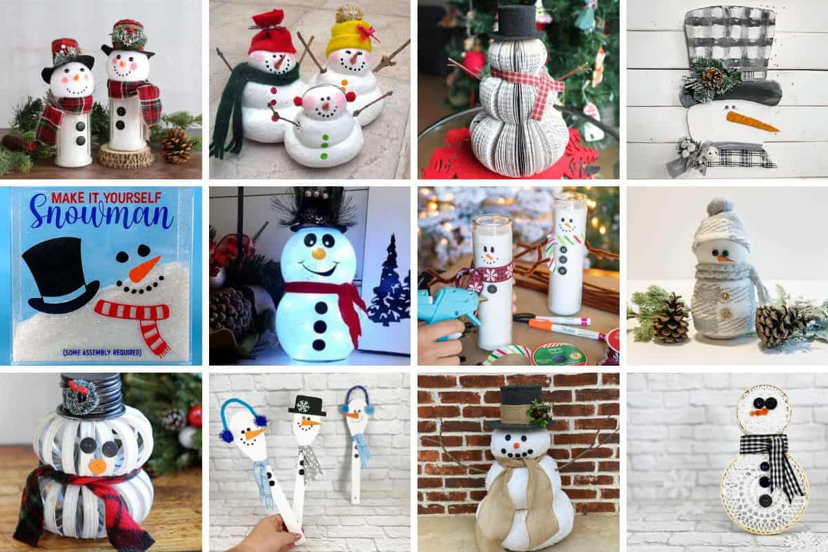 Collage image with 12 snowman crafts for adults.