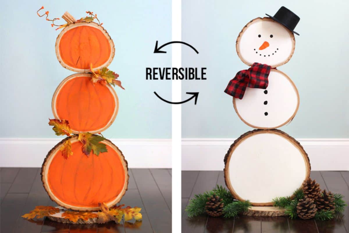 Reversible Wood Slice Snowman.