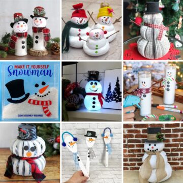 Collage image with 9 snowman crafts for adults.