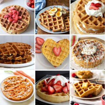 Collage with 9 waffle different waffles.