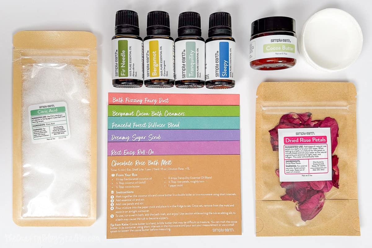 Contents of the Simply Earth July Essential Oil Recipe Box.