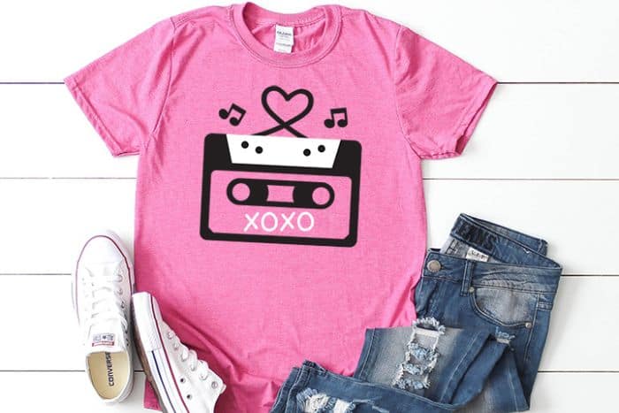 Pink t-shirt with a mixed tape design for Valentine's Day.
