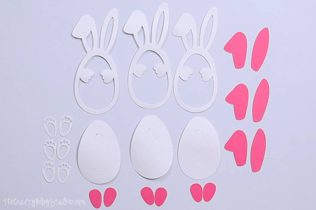 Cut pieces to make 3 easter bunny treat gifts.