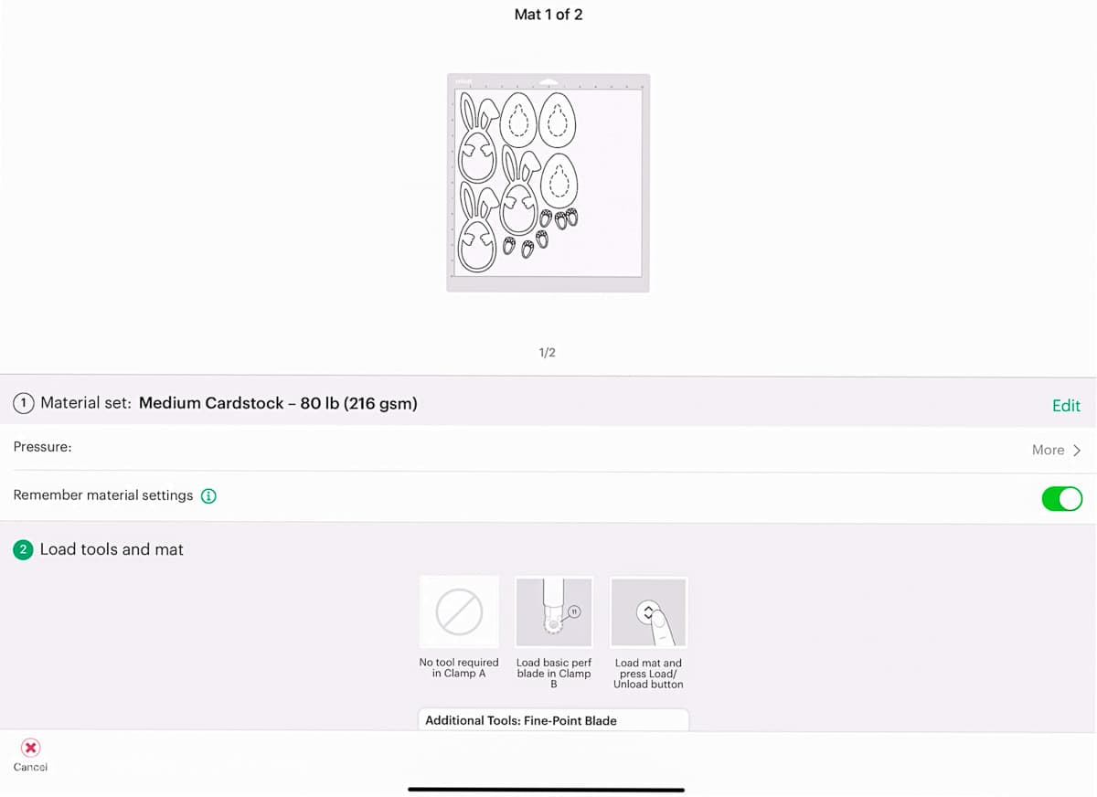 Selecting the material in Cricut Design Space before cutting.