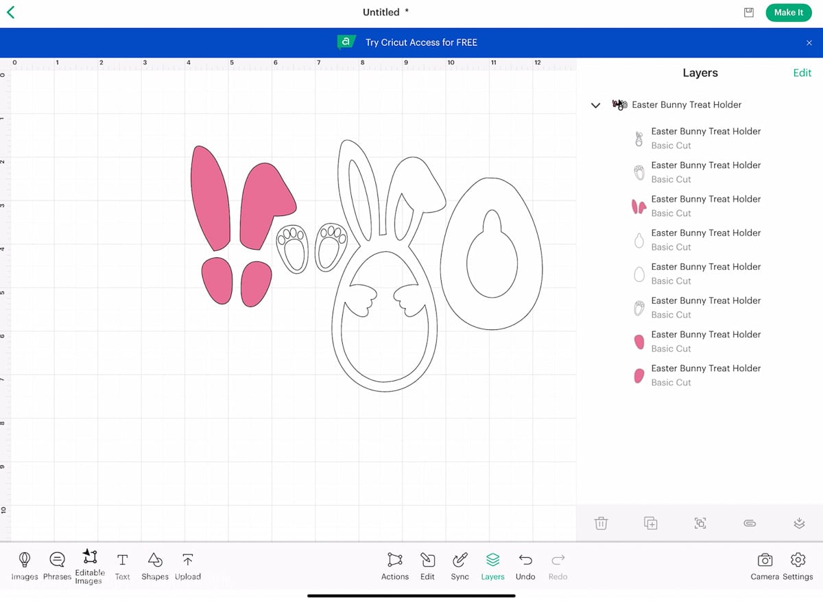 Easter Bunny treat SVG in Cricut Design Space canvas.