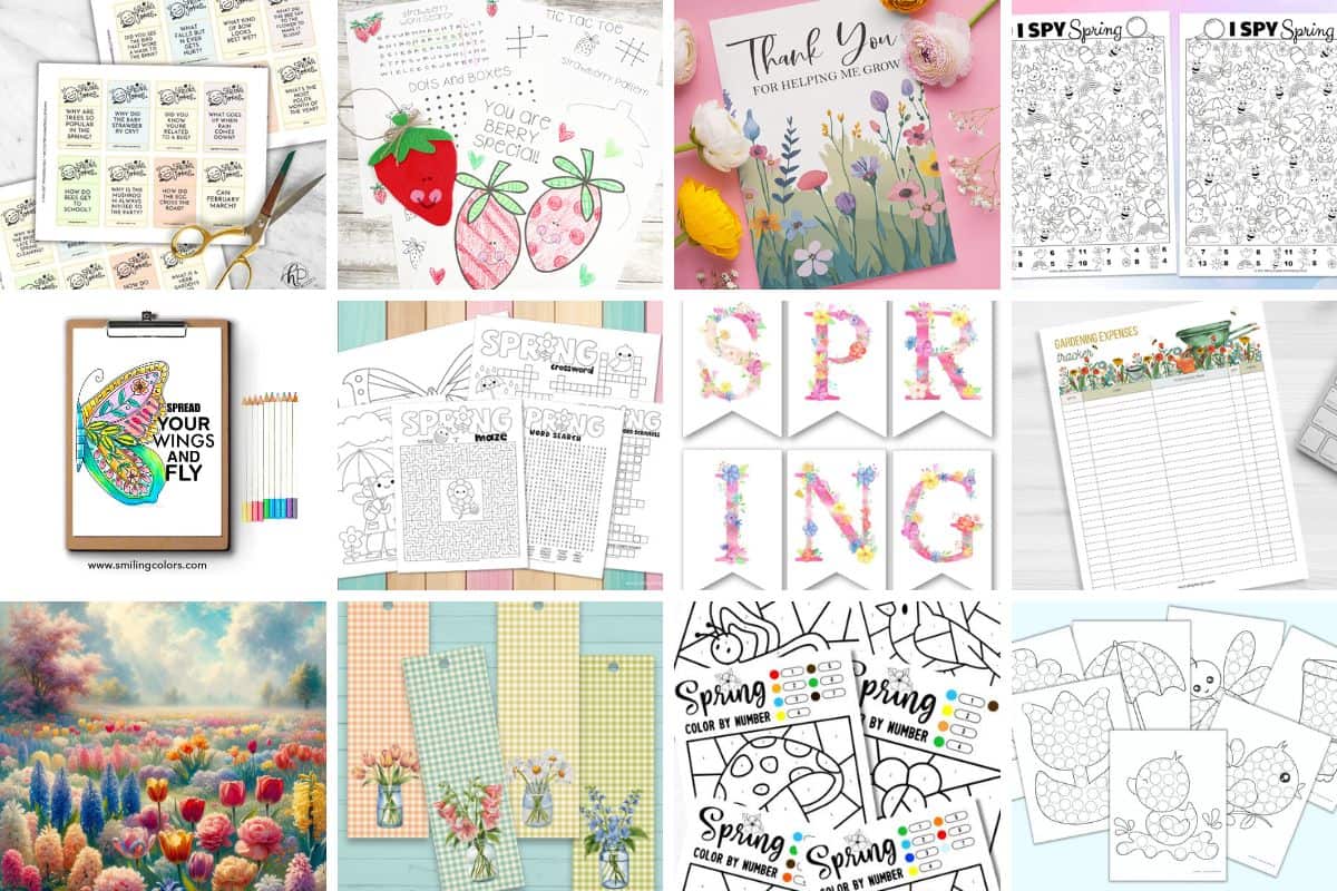 Collage with 12 Spring Printables.