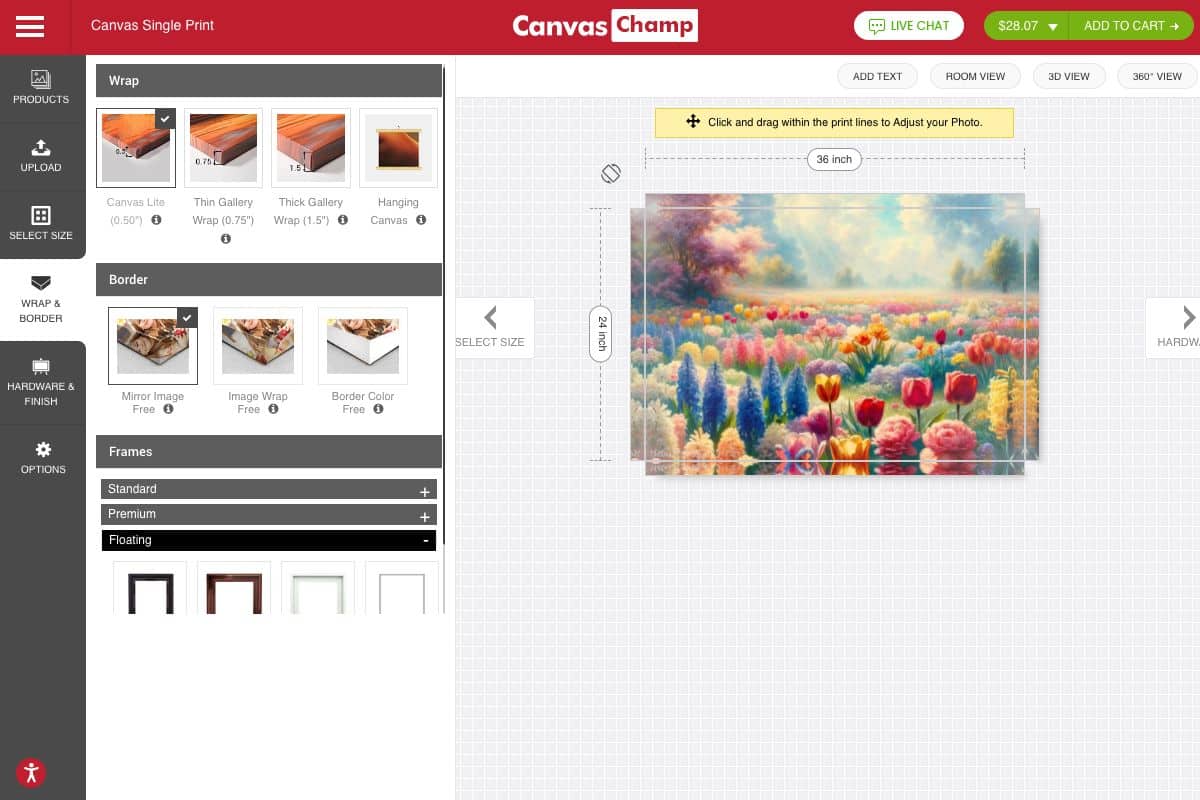 Screenshot of customizing the canvas while ordering on Canvas Champ Website.