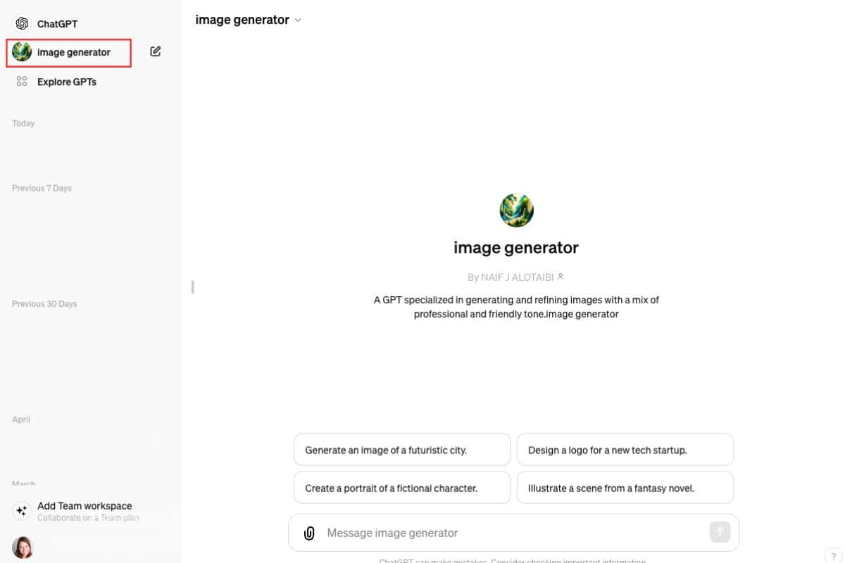 Screenshot of ChatGPT, opening the Image Generator.