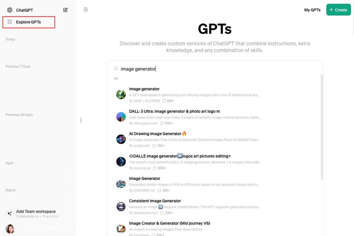 ChatGPT screenshot to locate the image generator.