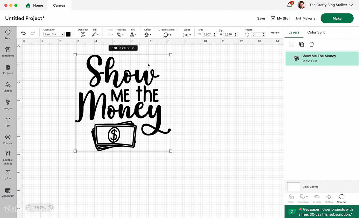 Show Me The Money SVG uploaded into Cricut Design Space.