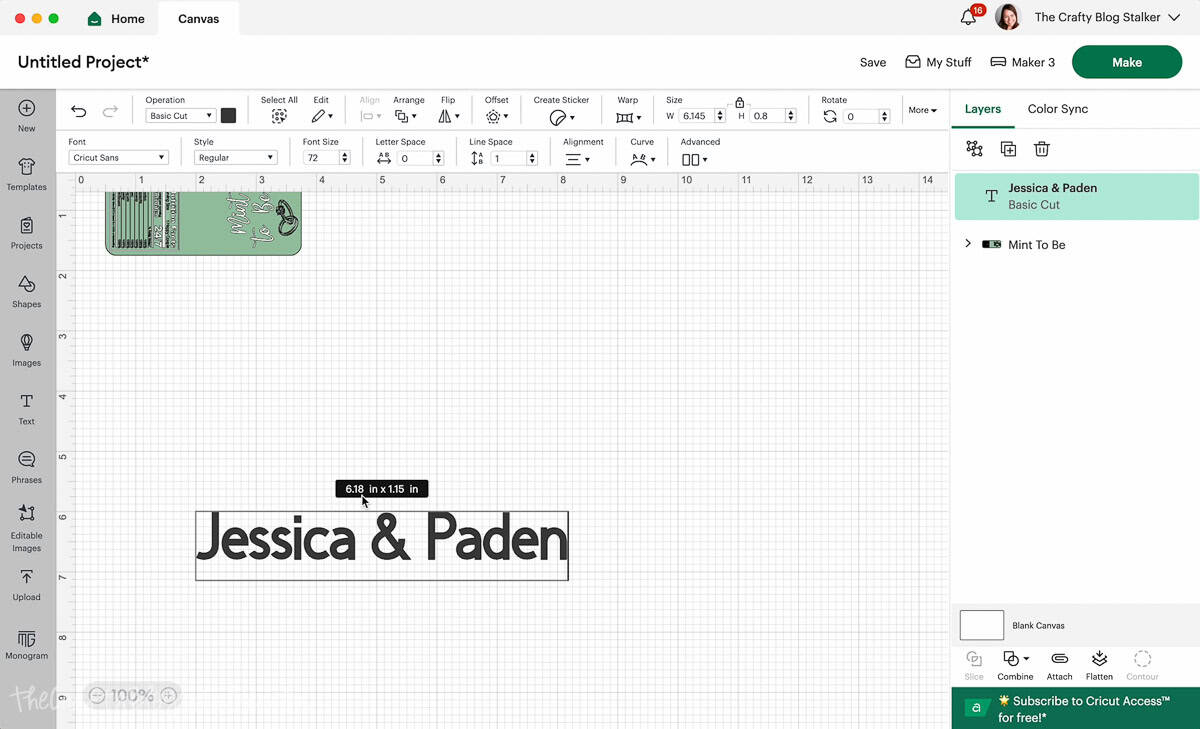 A text box in Cricut Design Space with Jessica & Paden.