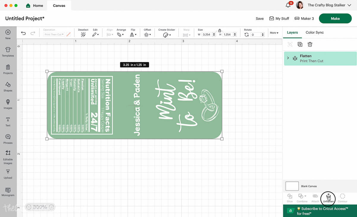 Flattening the design in Cricut Design Space.