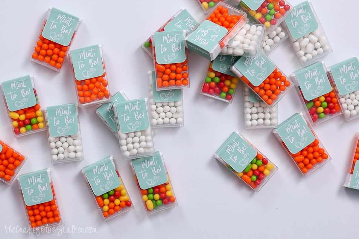 Tic Tac containers with print and cut 'Mint to Be' labels.