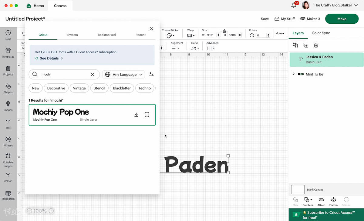 Selecting the font Mochiy Pop One in Cricut Design Space.