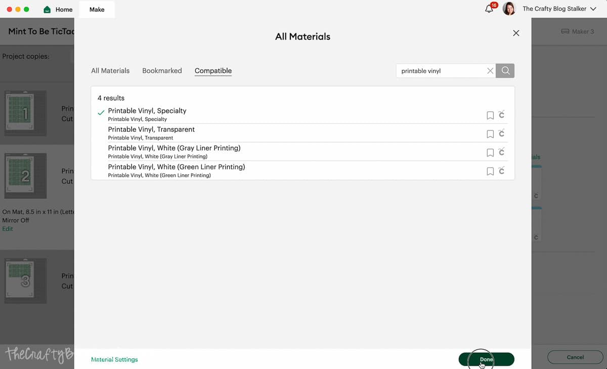 Searching for Printable Vinyl in Cricut Design Space.