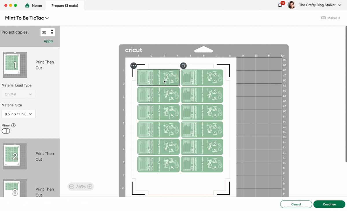 Change project copies to 30 in Cricut Design Space.