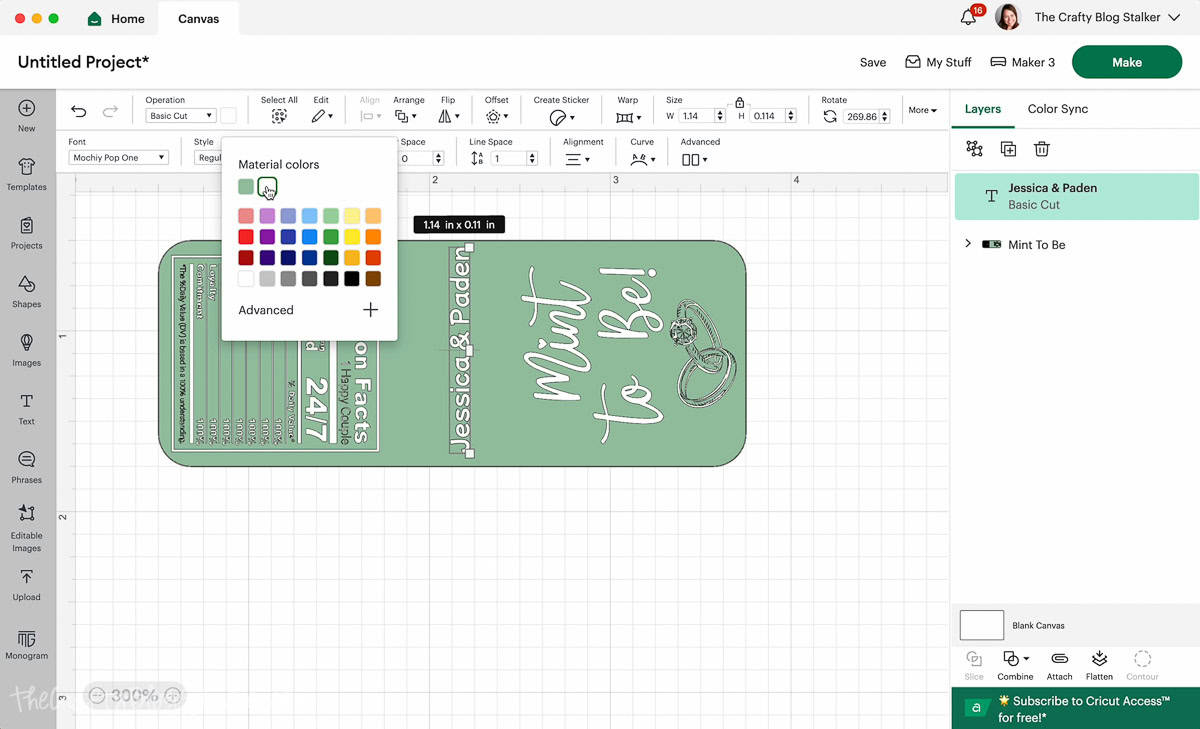 Changing the font color to white in Cricut Design Space.