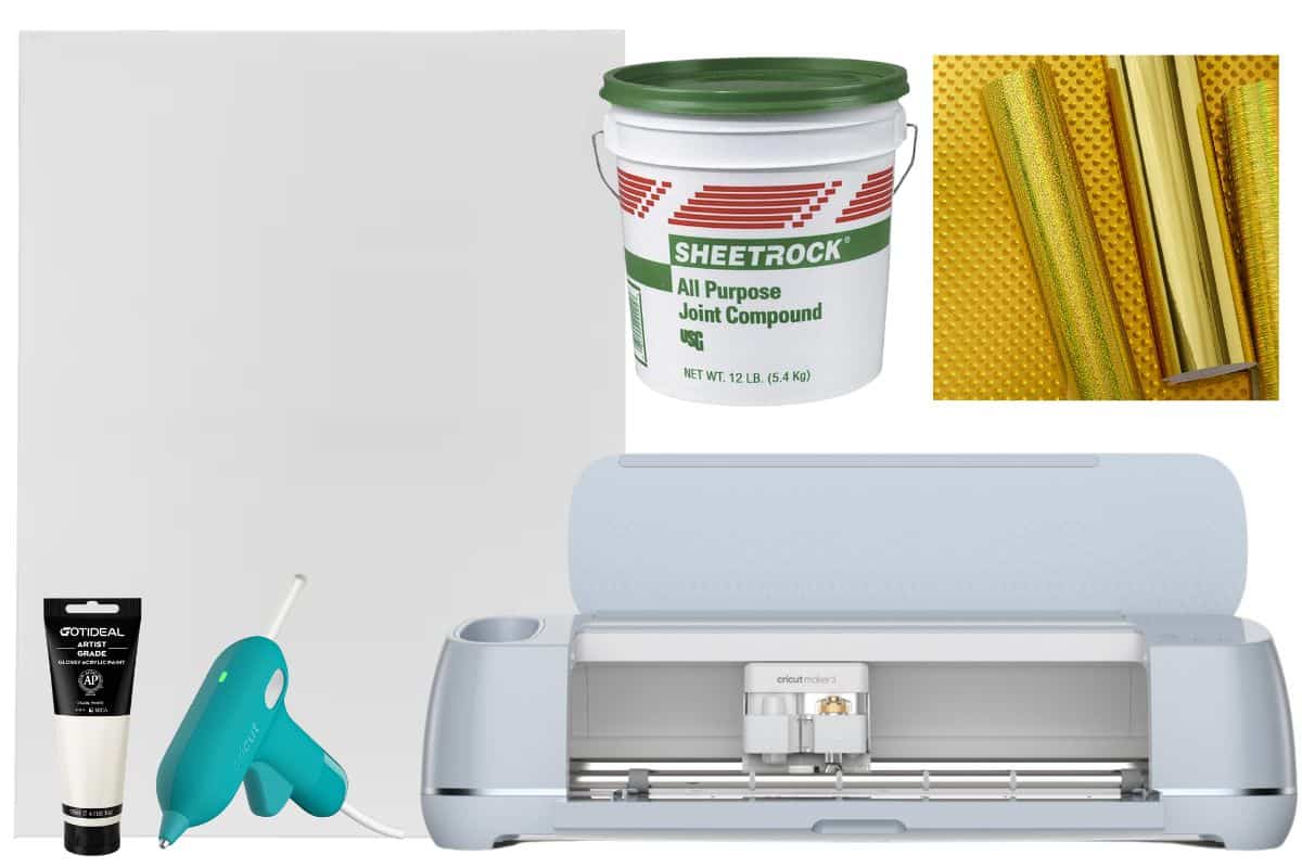 Supplies: blank canvas, Cricut, joint compound, gold vinyl, glue gun, and pearlized paint.