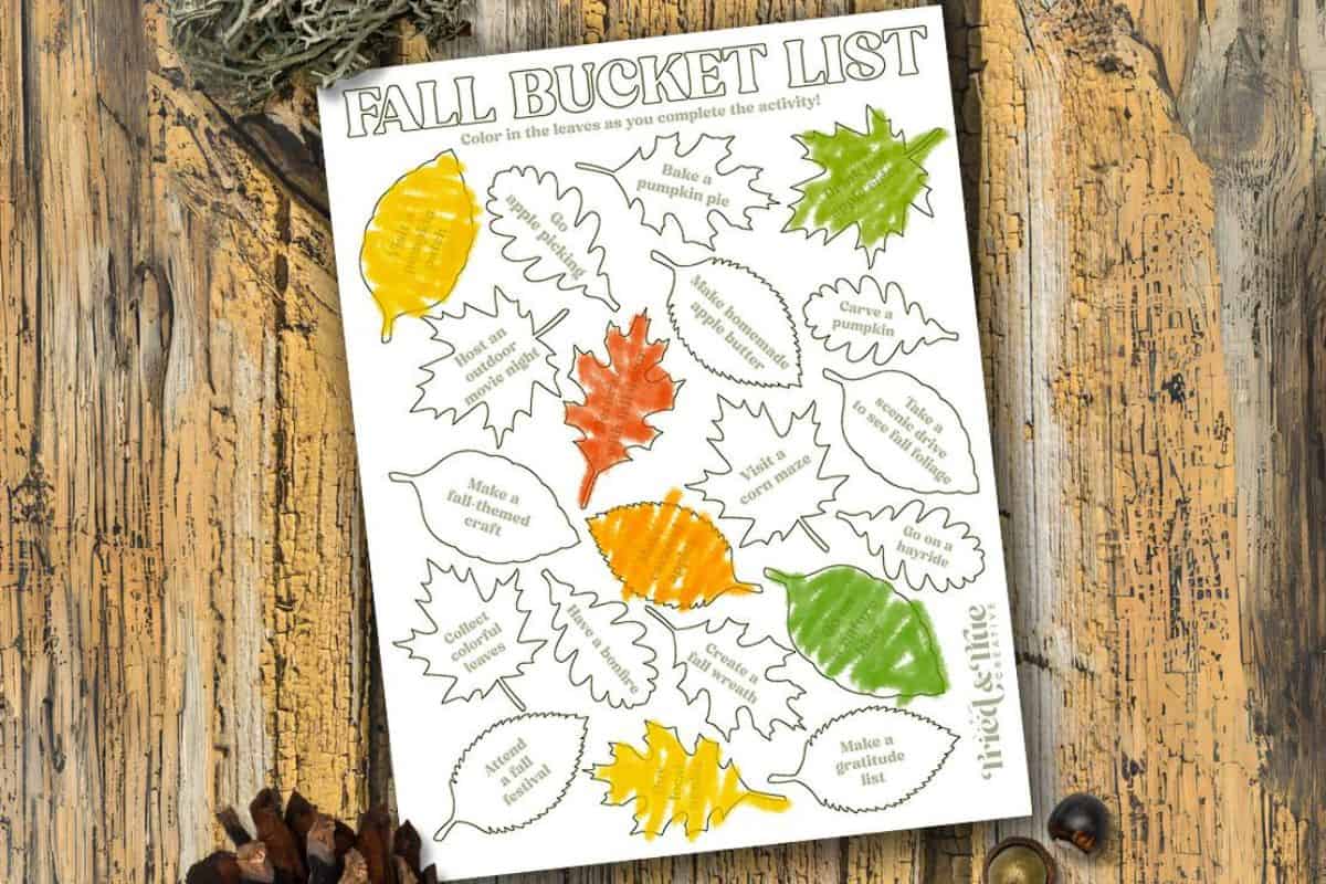 Fall bucket list coloring page with leaf shape activities.