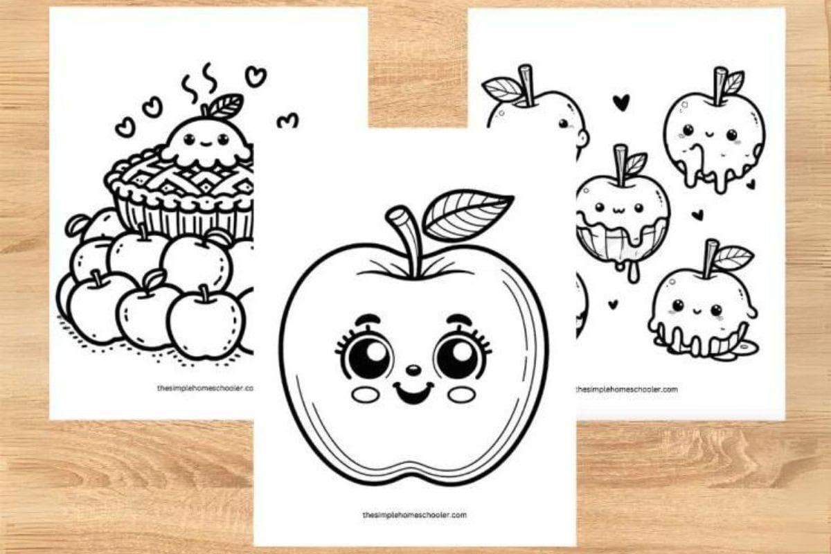 Three apple coloring pages.