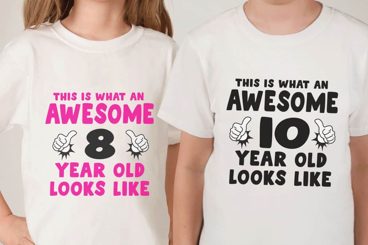 Two kids wearing white shirts with a design "This is what an awesome 8 year old looks like' and 'This is what an awesome 10 year old looks like.